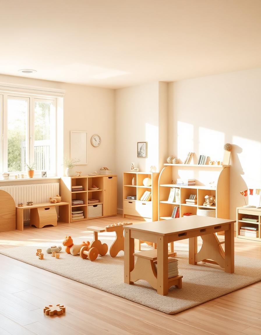 Bright, warm Casa Bloom classroom with natural wood toys and sunlight