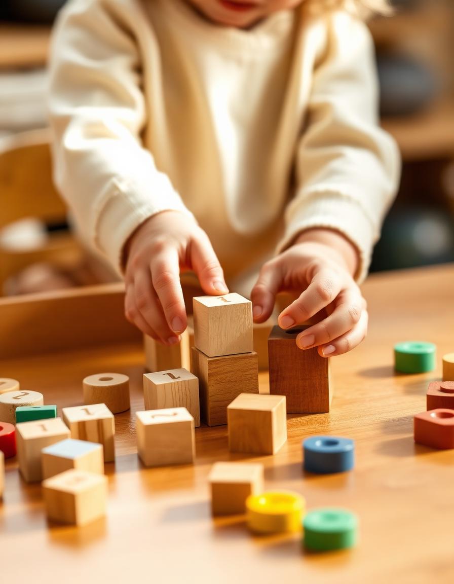 Small hands exploring wooden Montessori blocks at Casa Bloom